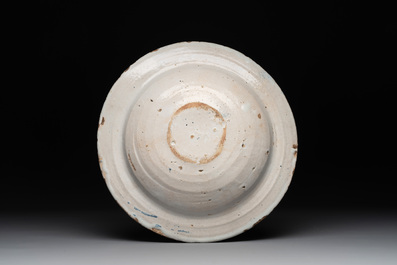 A rare Spanish blue and white pottery 'lion' dish from the 'mariposas' series, Puente del Arzobispo, Toledo, 16th C.