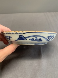 A Chinese blue and white shonzui ko-sometsuke dish with birds and calligraphy for the Japanese market, Fu 福 mark, Ming, 17th C.