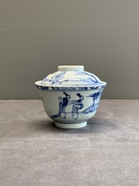 A Chinese blue and white 'figures and a phoenix' tea bowl and cover, Yongzheng