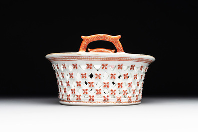 A Chinese openworked famille rose 'antiquities' basket and stand, Qianlong