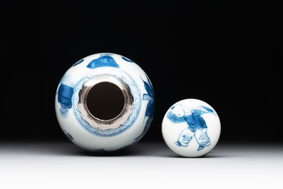A Chinese blue and white silver-mounted 'Long Eliza' tea caddy and cover, Kangxi