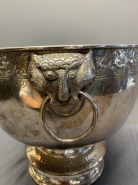 A Thai silver punch bowl with tiger-form handles, เฉิน เว่ย ไท่ 陳偉泰 mark, Bangkok, 19th C.