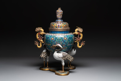 A pair of large and impressive Chinese cloisonn&eacute; 'dragons and cranes' censers and covers, 19/20th C.