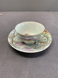 A Dutch-decorated Chinese porcelain cup and saucer with figures in a landscape, 18th C.