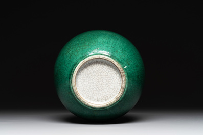 A Chinese apple-green-glazed and two copper-red-glazed bottle vases, Kangxi mark, 19/20th C.