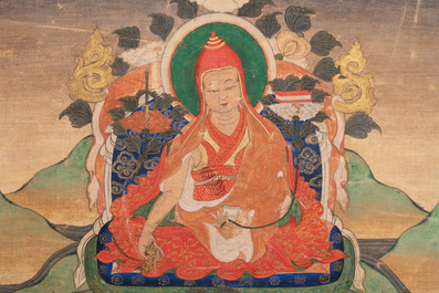 A Tibetan thangka depicting a lama, 19th C.