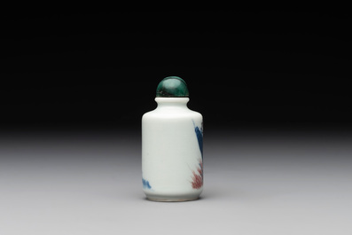 A Chinese blue, white and copper-red 'fisherman' snuff bottle, Qing Yang Dao Ren 卿陽道人 mark, 19th C.