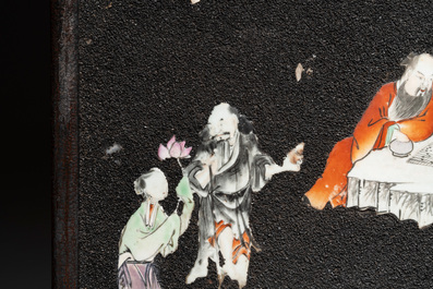 A pair of Chinese famille rose black-gravel-ground plaques, Jiaqing