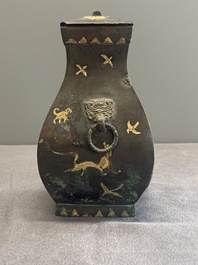 A rare Chinese archaic partially gilt bronze ritual wine vessel and cover, 'fang hu 方壺', Han