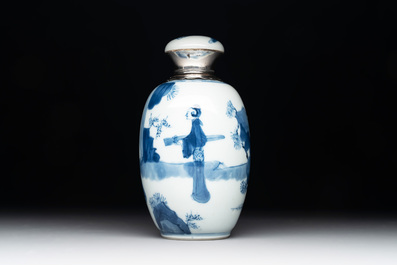 A Chinese blue and white silver-mounted 'Long Eliza' tea caddy and cover, Kangxi