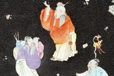 A pair of Chinese famille rose black-gravel-ground plaques, Jiaqing
