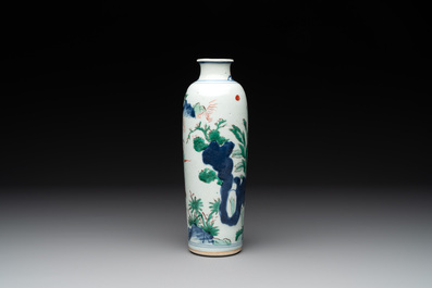 A Chinese wucai 'sleeve' vase with a scholar and servants, Transitional period