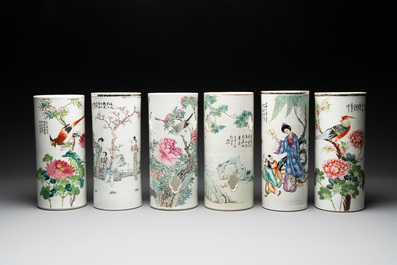 A collection of six Chinese famille rose hat stands, 19/20th C.