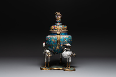 A pair of large and impressive Chinese cloisonn&eacute; 'dragons and cranes' censers and covers, 19/20th C.