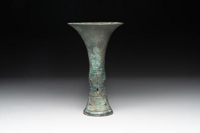 A Chinese archaic bronze ritual wine vessel, 'gu 觚', Shang