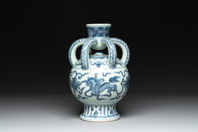 A Chinese blue and white Ming-style 'Buddhist lion' vessel, 20th C.