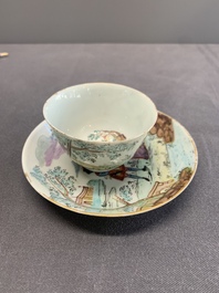A Dutch-decorated Chinese porcelain cup and saucer with figures in a landscape, 18th C.