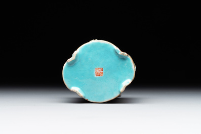 A small Chinese famille rose turquoise-ground brush pot, Qianlong mark, 19th C.