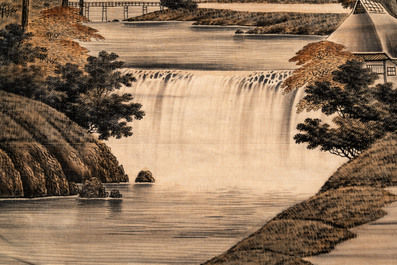 A Japanese embroidered wall tapestry with a river landscape, Meiji/Taisho, 19/20th C.