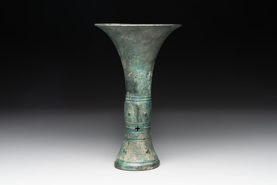 A Chinese archaic bronze ritual wine vessel, 'gu 觚', Shang