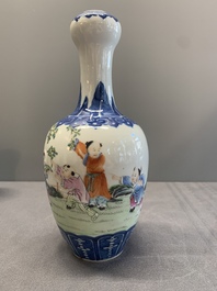 A Chinese famille rose '100 boys' garlic-mouth vase, Qianlong mark, 19th C.