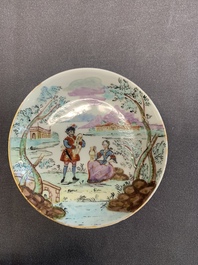 A Dutch-decorated Chinese porcelain cup and saucer with figures in a landscape, 18th C.