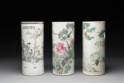 A collection of six Chinese famille rose hat stands, 19/20th C.