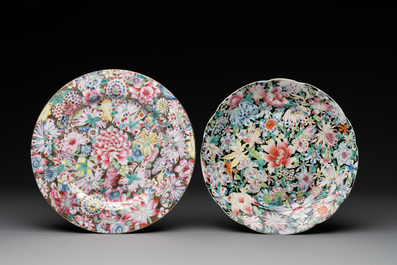 A Chinese famille rose 'millefleurs' dish and two plates, Qianlong and Jiu Jiang Jin Hua 九江錦華 mark, 20th C.