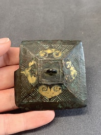 A rare Chinese archaic partially gilt bronze ritual wine vessel and cover, 'fang hu 方壺', Han