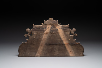 Two ornately carved decorative panels and a niche with an embroidered scene, France, 16/18th C.
