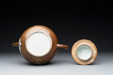 A Chinese famille rose ruby-back 'mandarin ducks' plate and a large capucin-brown-ground Imari-style teapot, 18/19th C.