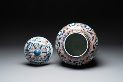A large Chinese verte-Imari 'peony scroll' vase and cover, Kangxi