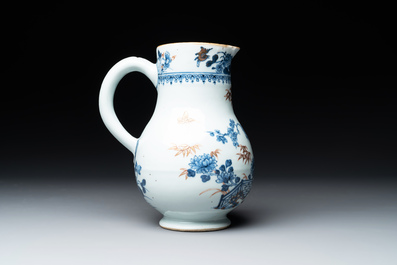 A Chinese famille rose 'pseudo-tobacco leaf' dish, a bowl and a blue and white gilt-decorated jug, Qianlong