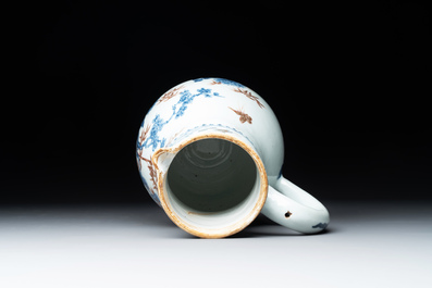 A Chinese famille rose 'pseudo-tobacco leaf' dish, a bowl and a blue and white gilt-decorated jug, Qianlong