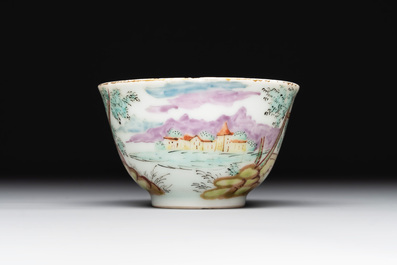 A Dutch-decorated Chinese porcelain cup and saucer with figures in a landscape, 18th C.
