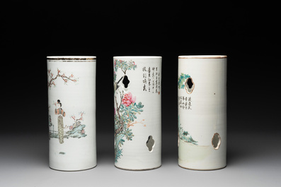 A collection of six Chinese famille rose hat stands, 19/20th C.