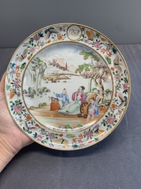 A pair of very fine Chinese Canton famille rose monogrammed plates, 19th C.