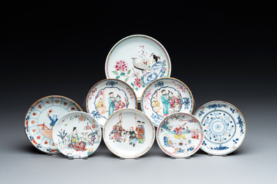 A collection of 12 pieces Chinese famille rose, vert and Imari-style cups and saucers, Yongzheng/Qianlong