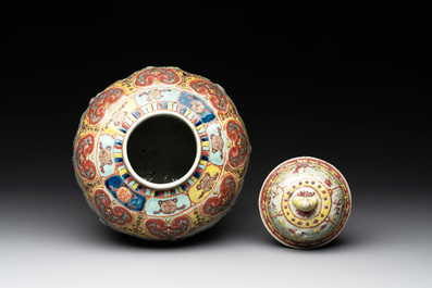 A rare Chinese famille rose relief-moulded 'Eight Immortals' vase and cover for the Thai market, Yongzheng mark, 19th C.
