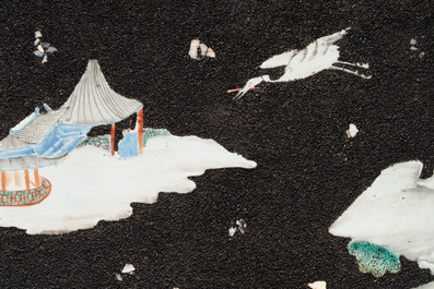 A pair of Chinese famille rose black-gravel-ground plaques, Jiaqing