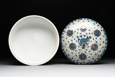 A Chinese famille verte vase mounted as lamp and a famille rose covered tureen, 19th C.