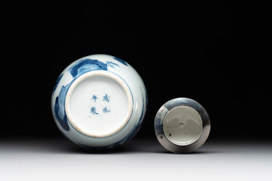 A Chinese blue and white silver-mounted 'Long Eliza' tea caddy and cover, Kangxi