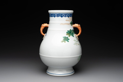A Chinese famille rose 'hu' vase with figural design, Jiaqing mark, 19/20th C.