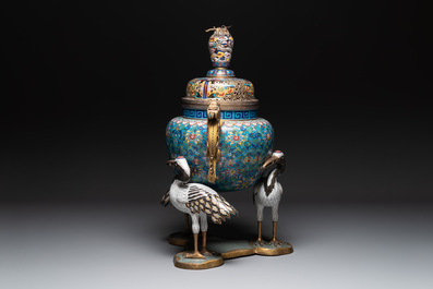 A pair of large and impressive Chinese cloisonn&eacute; 'dragons and cranes' censers and covers, 19/20th C.