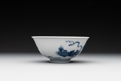 A Chinese blue and white 'Buddhist lion' bowl, Yongzheng mark and period