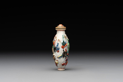 A Chinese molded famille rose 'antiquities' snuff bottle and porcelain stopper, Qianlong mark, 19th C.