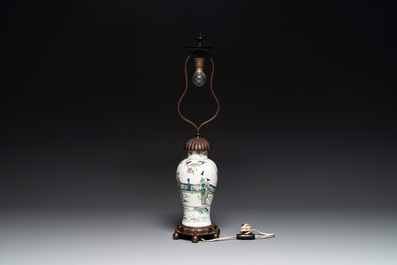 A Chinese famille verte vase mounted as lamp and a famille rose covered tureen, 19th C.