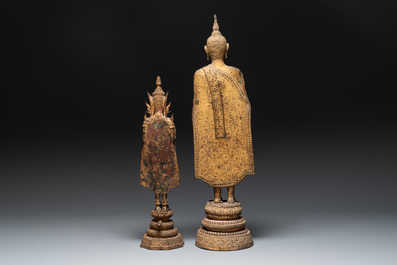 Two Thai mica-inlaid gilt bronze standing Buddhas in Rattanakosin-style, 19th C.