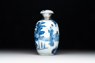 A Chinese blue and white silver-mounted 'Long Eliza' tea caddy and cover, Kangxi