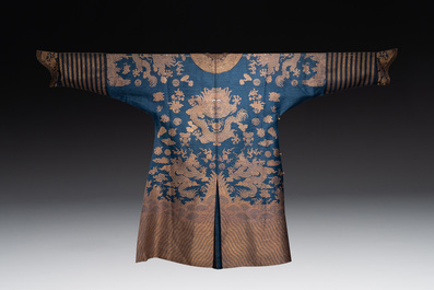 A Chinese embroidered silk blue-ground summer gauze 'nine dragons' robe, 19th C.